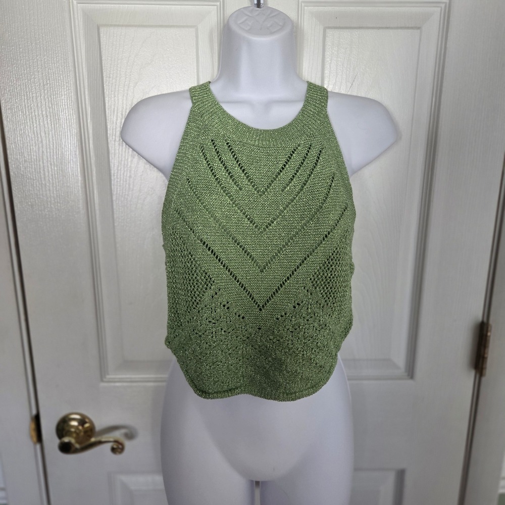 House‎ of Harlow 1960 S Green Metallic Knit Halter Crop Top Pointelle Festival